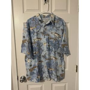 Columbia Hawaiian Fishing Map Causal Button Down Shirt Sz; Large